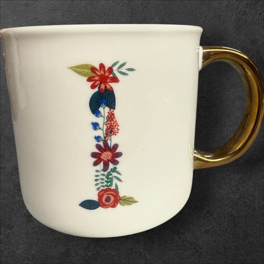 Opalhouse Floral Monogram “I” Mug with Gold Handle Large Porcelain Coffee Cup